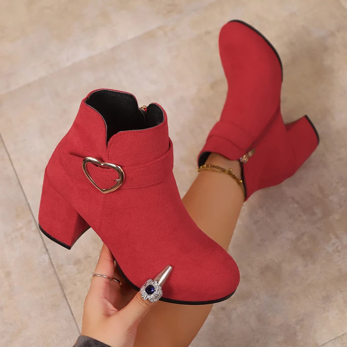 Bottines Femme rétro daim bottes courtes décontractées plate-forme botte à talons hauts fermeture éc