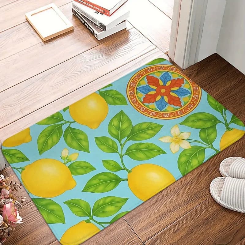 Paillasson d'entrée antidérapant à motif de feuilles de citron sur fond turquoise, bordure mandala m