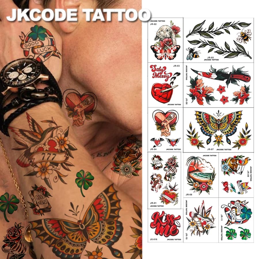 Tatouages temporaires pour bras entiers - Dos tatoué - Style rétro - Lot de 12 tatouages - Pâques -