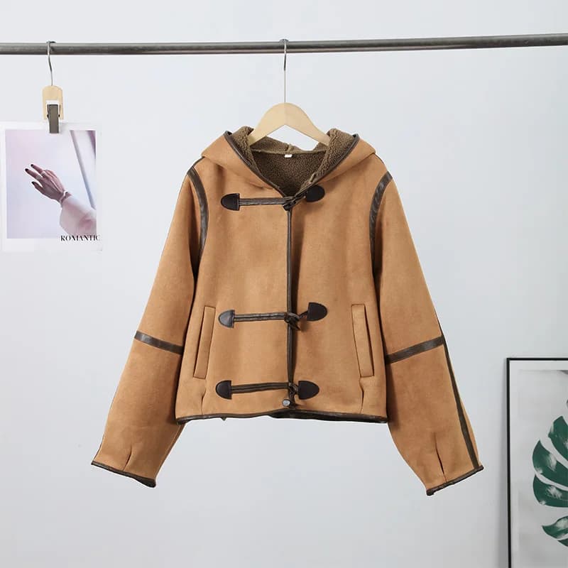 Élégant à capuche en peluche manteau court femmes rétro Chic daim simple boutonnage vestes manteaux 