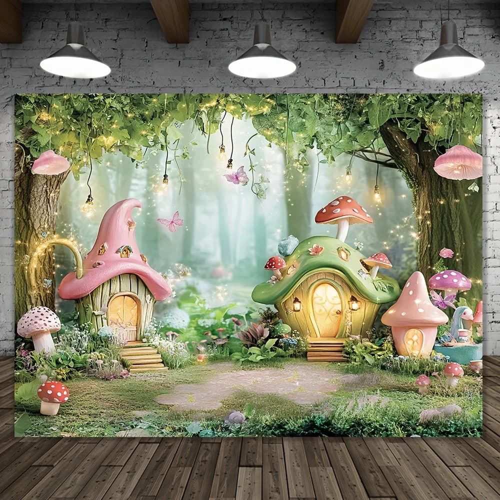 Ensemble de 1 fond de salle de champignons de forêt magique, arrière-plan de photographie en fibre d