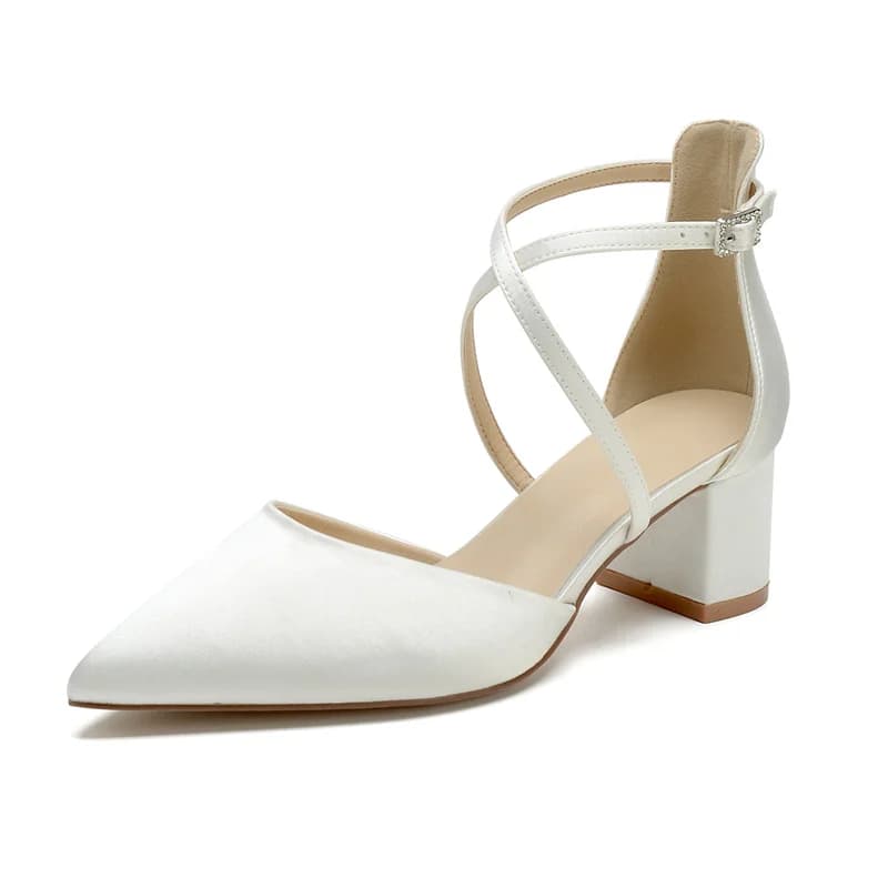Chaussures de mariée à talon bloc bas pour femme, en satin, à bout fermé, à brides croisées, pour so