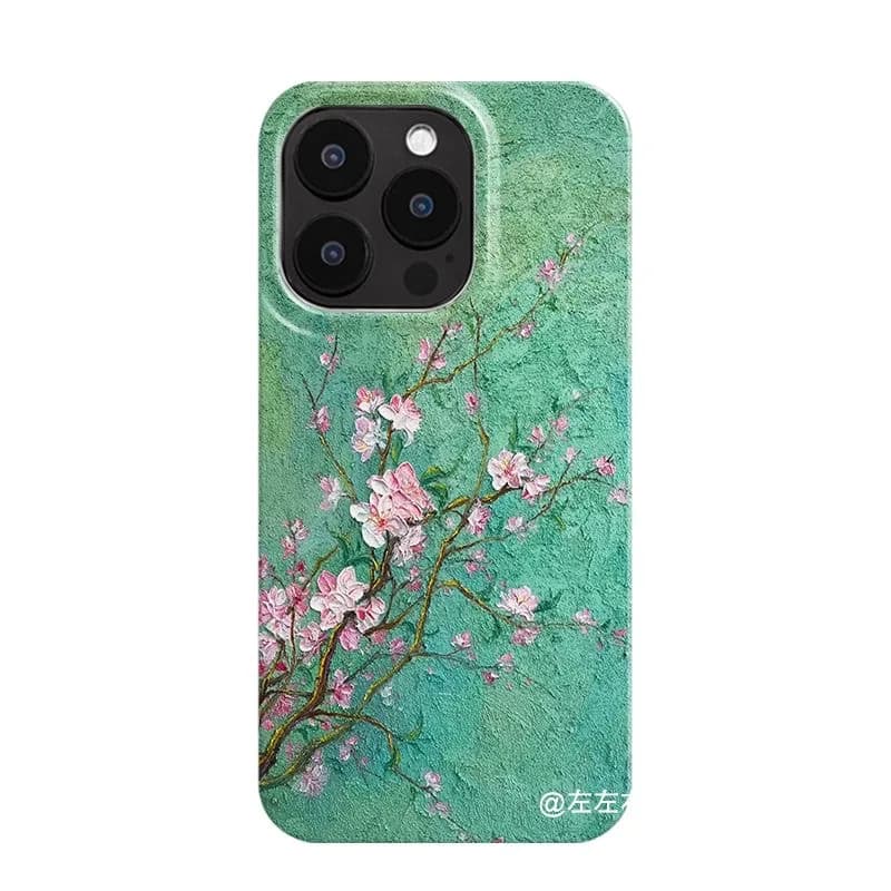 Coque de téléphone Chic avec peinture à l'huile d'arbre à prunier, fond artistique INS vert, pour iP
