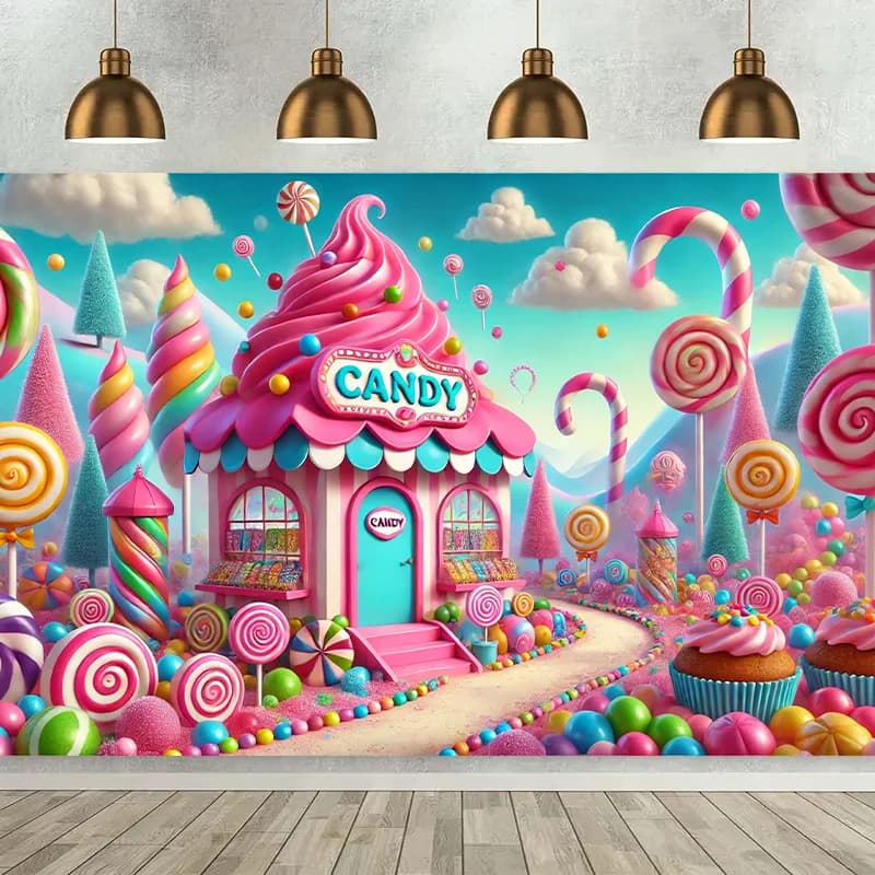Fond coloré Candy House Dreamland - Décoration murale, adapté aux fêtes, aux familles et aux célébra