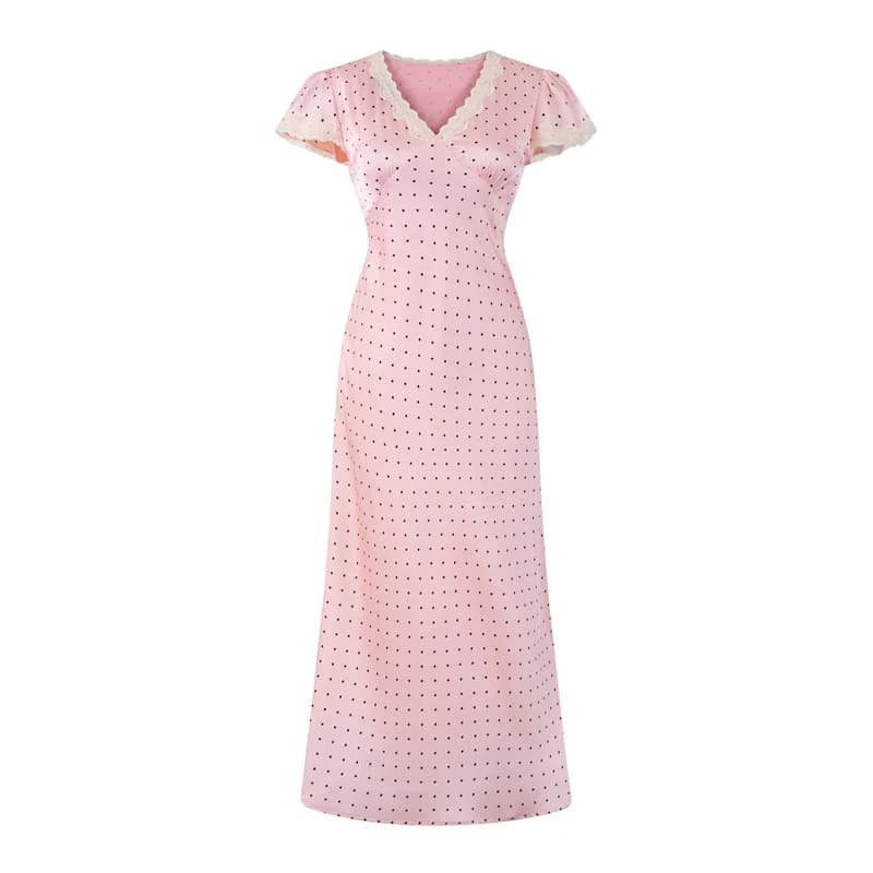 Robe mi-longue en mousseline de soie rose à pois, col en v, ourlet en dentelle, nouvelle robe d'été 