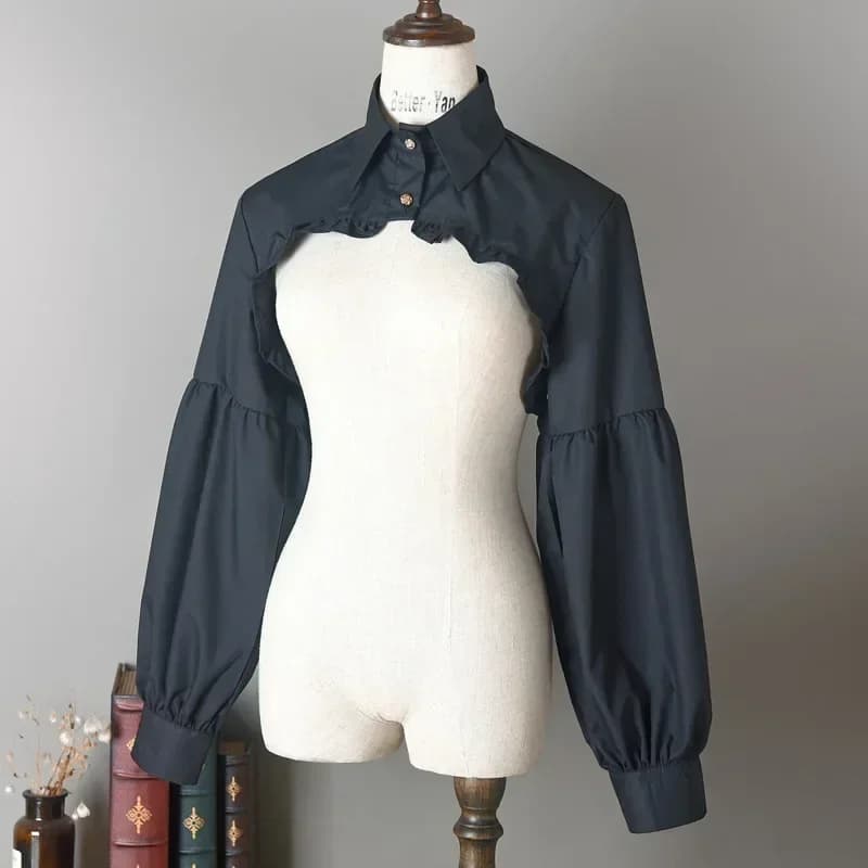 Femmes bouffée à manches longues demi haut chemisier à volants bouton doré détachable faux col pull 
