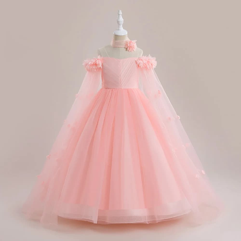 Robe de Demoiselle d'Honneur Rose en Tulle pour Fille, Tenue de Soirée Élégante à Fleurs, Costume de