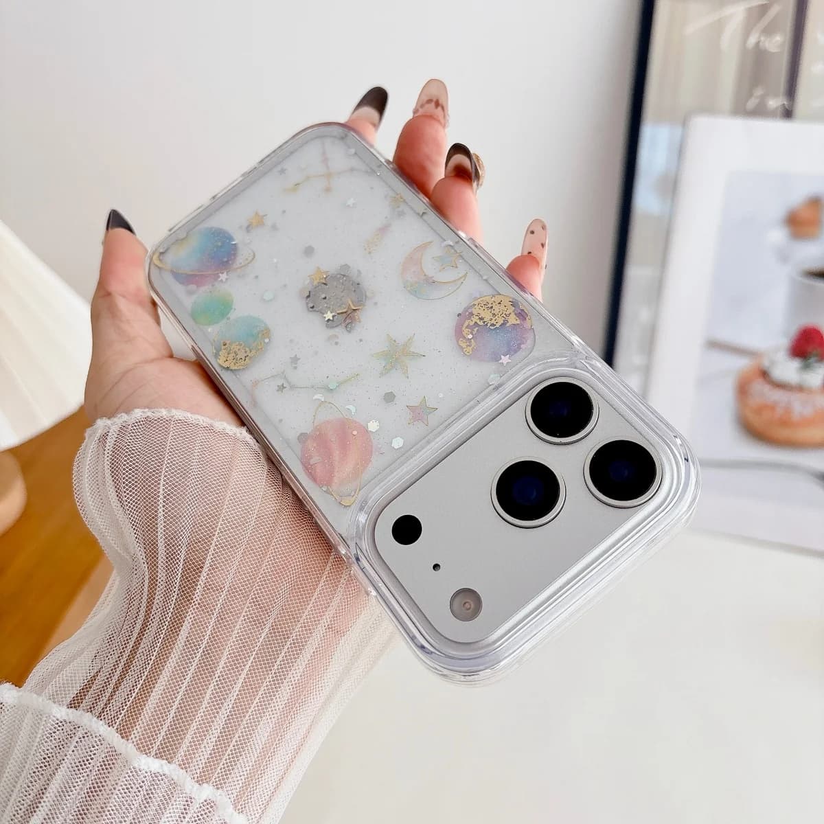 Coque transparente à paillettes dégradées planète étoile pour iPhone 17 Air 16 15 14 13 12 11 Pro Ma