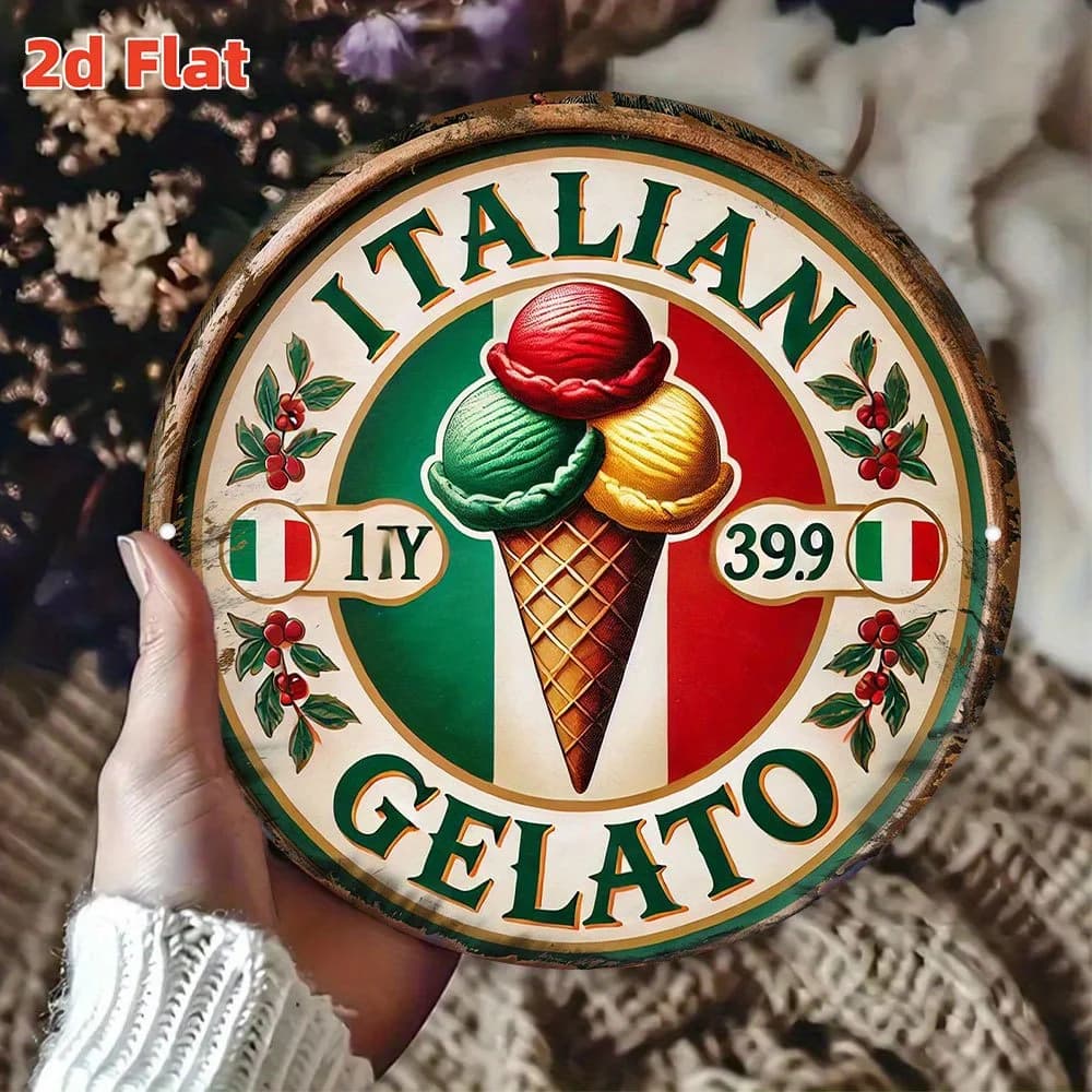Gafrond – panneau d'art mural 2D avec Logo de Gelato italien, décor rond en métal, 7.8x7.8 pouces, d