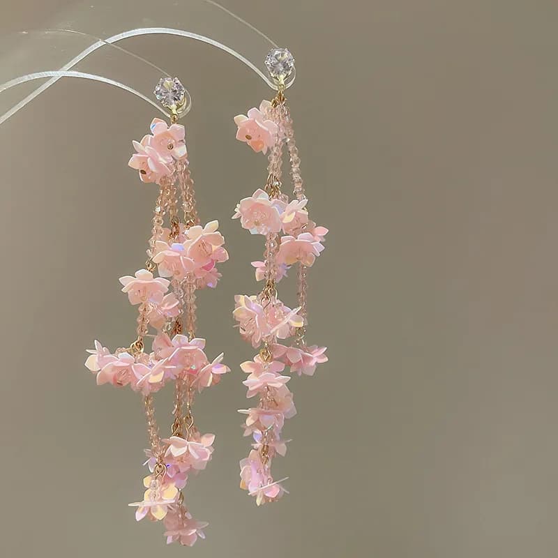 Boucles d'oreilles pendantes Super Fairy Pink Flower Chains pour femmes, en zircon et cristal de ver