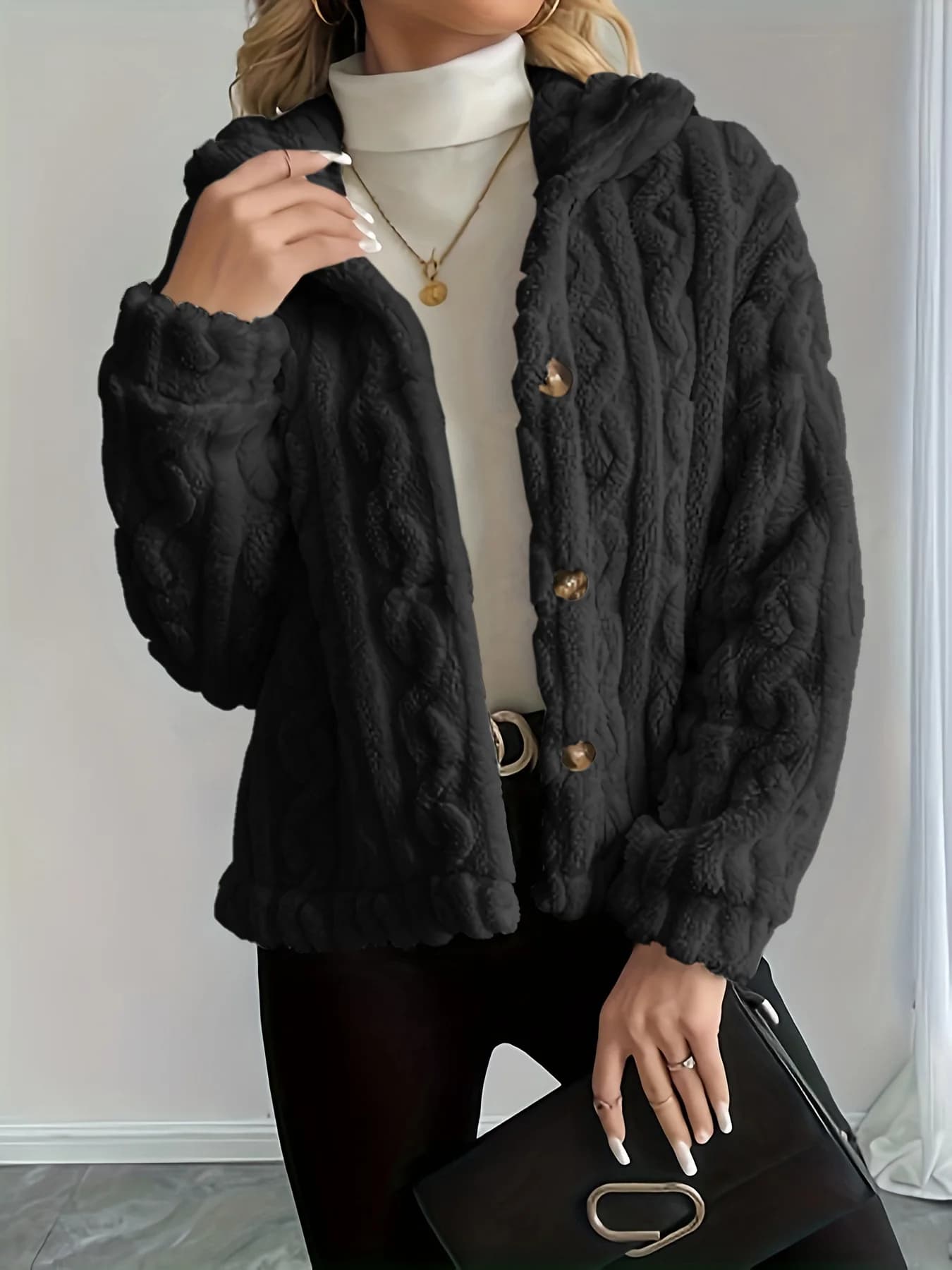 Manteau court à capuche pelucheux rose pour femme, vestes en tricot torsadé, Texture simple boutonna