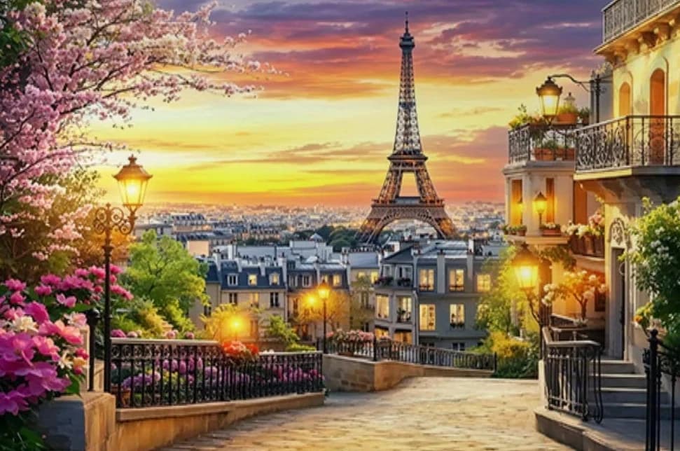 Toile de fond de scène du coucher de soleil de la Tour Eiffel de Paris, idéale pour les fêtes d'anni