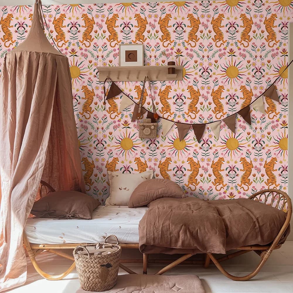 Papier peint auto-adhésif en vinyle tigre sautant rose, autocollant imperméable pour armoire murale,