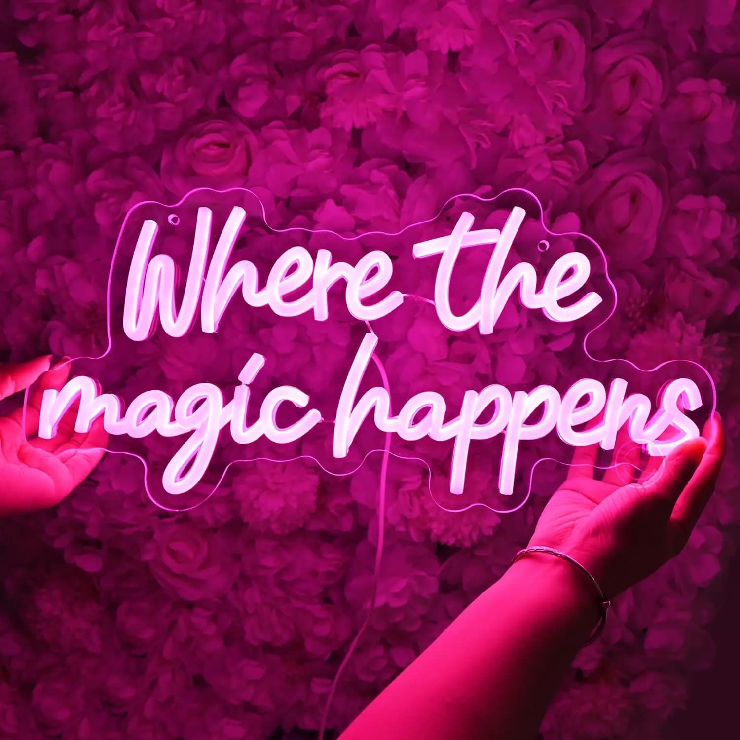 Panneau néon rose « Where The Magic Happens », lumière murale LED romantique pour chambre à coucher,