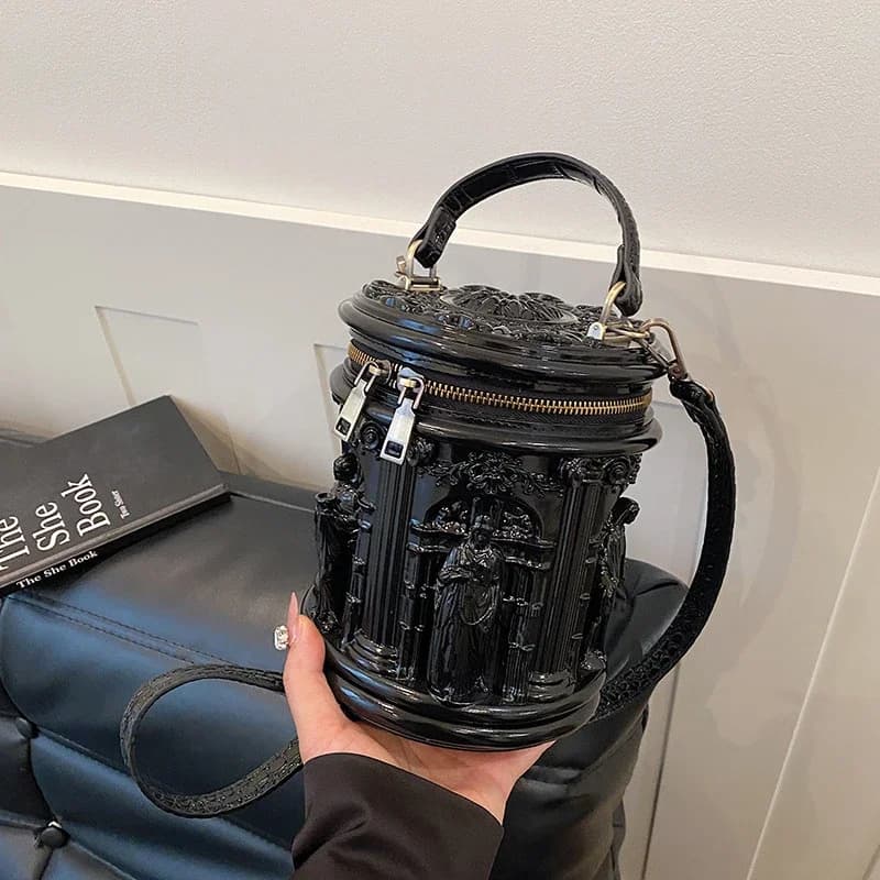Sac seau 3D gaufré style baroque, sac à main cylindrique sculptural créatif, design artistique rétro