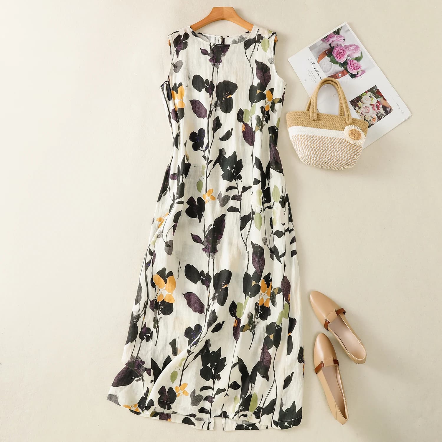 Robe sans manches à col rond imprimée en coton et lin pour femme, nouvelle collection été, style rét