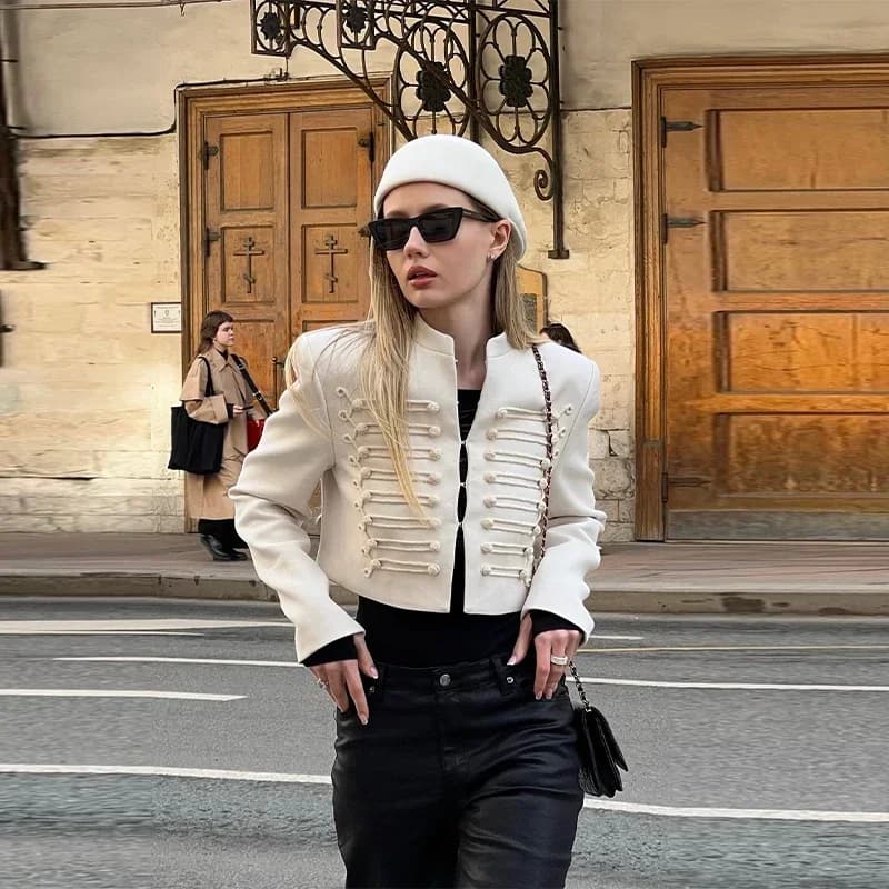 Veste courte patchwork tendance pour femme, élégante, col rond, manches longues, boutons recouverts,