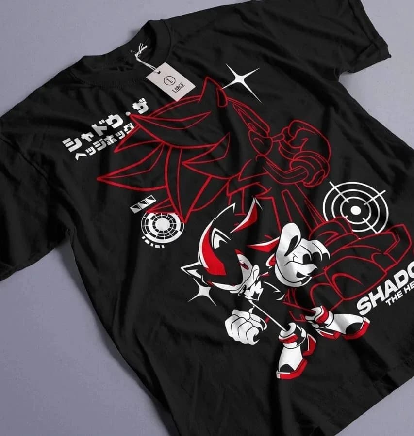 T-shirt décontracté en coton surdimensionné avec impression graphique double personnage Shadow The H