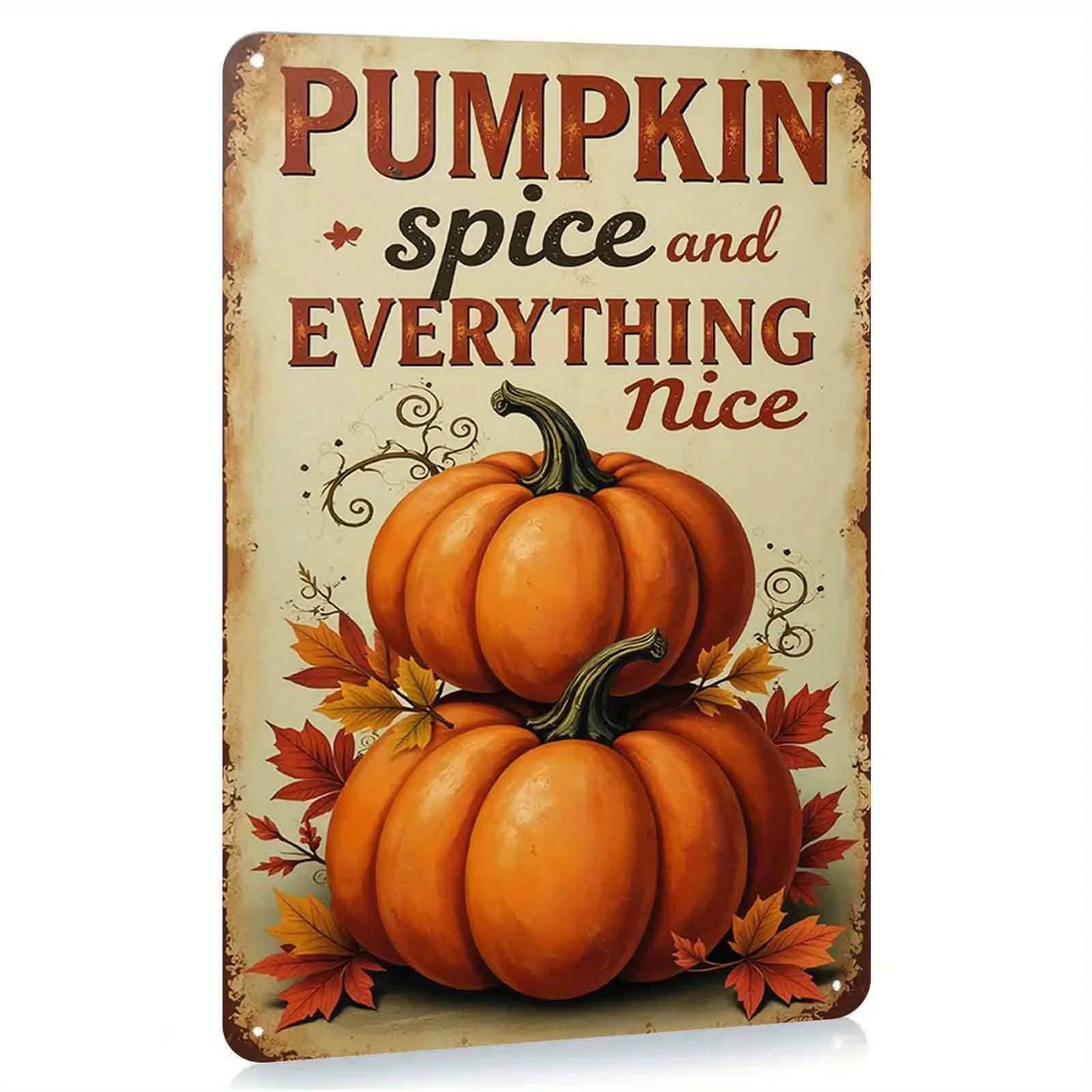 Panneau en étain "pumpkin Spice & Everything Nice", Art mural d'automne avec citrouilles orange et f