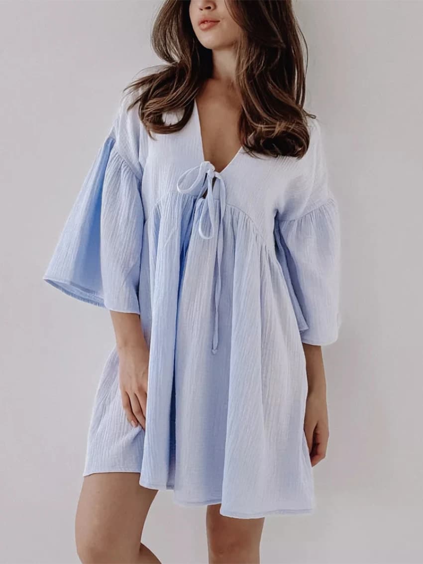Robe en coton pour femme, col en V profond, à volants, style plage, oversize, streetwear, coupe ampl