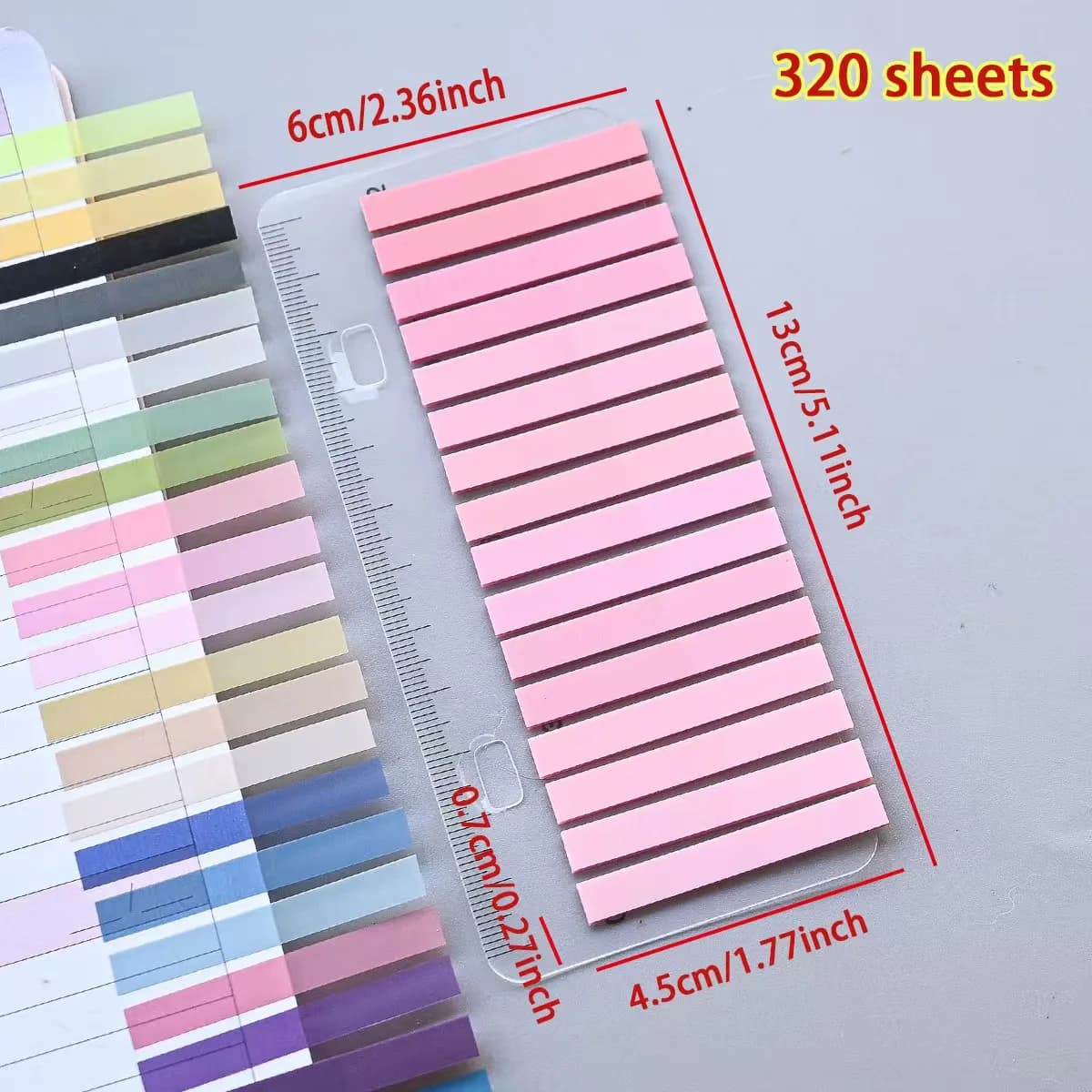 320 feuilles de bandes d'index multicolores avec règle, onglets de page autocollants transparents, n