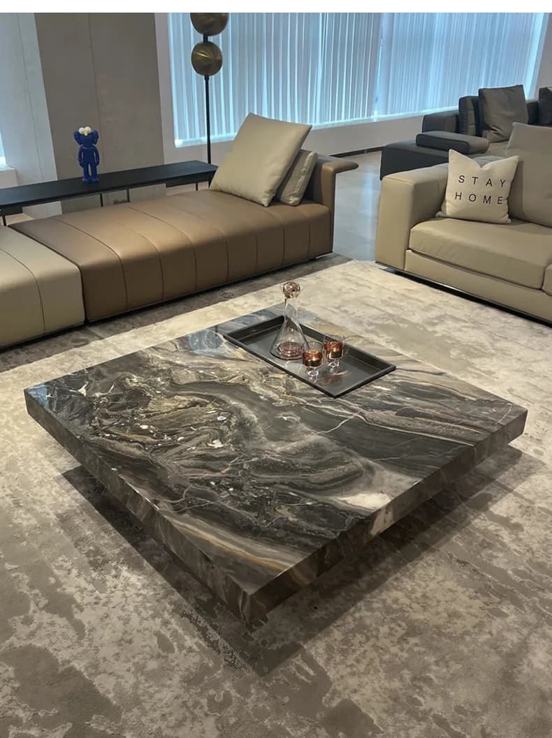Table basse de luxe italienne en marbre marron de venise, Design carré moderne, métal haut de gamme