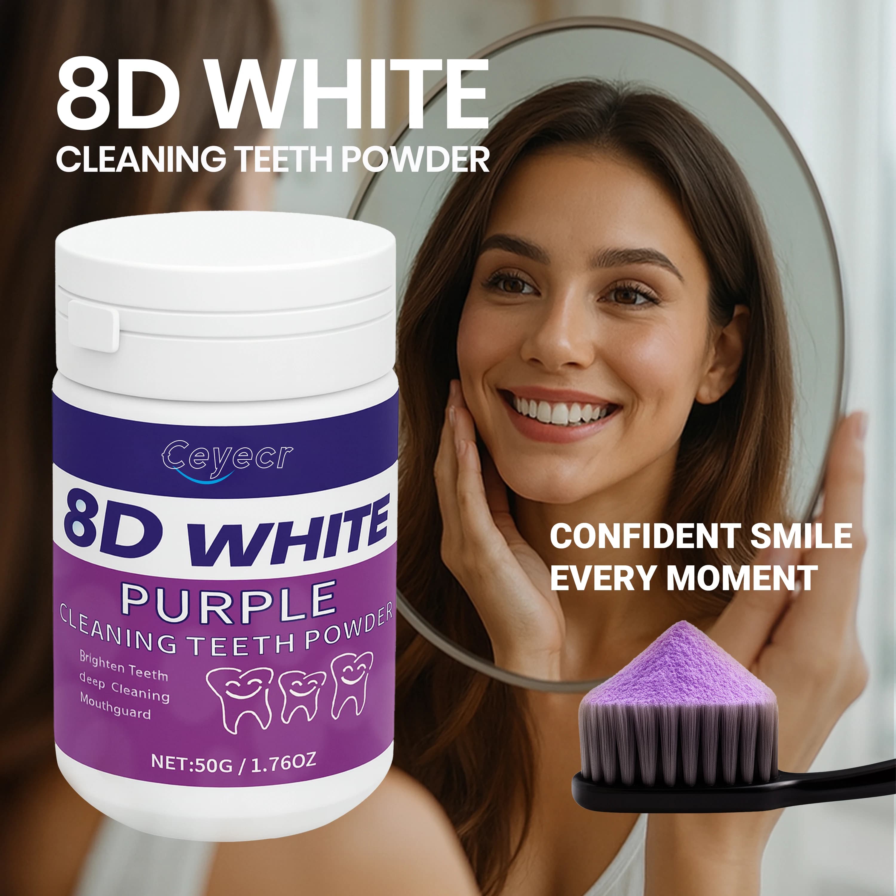 Poudre de blanchiment des dents blanche 8D, 50g/1.76.Oz-poudre de nettoyage en profondeur et de nett
