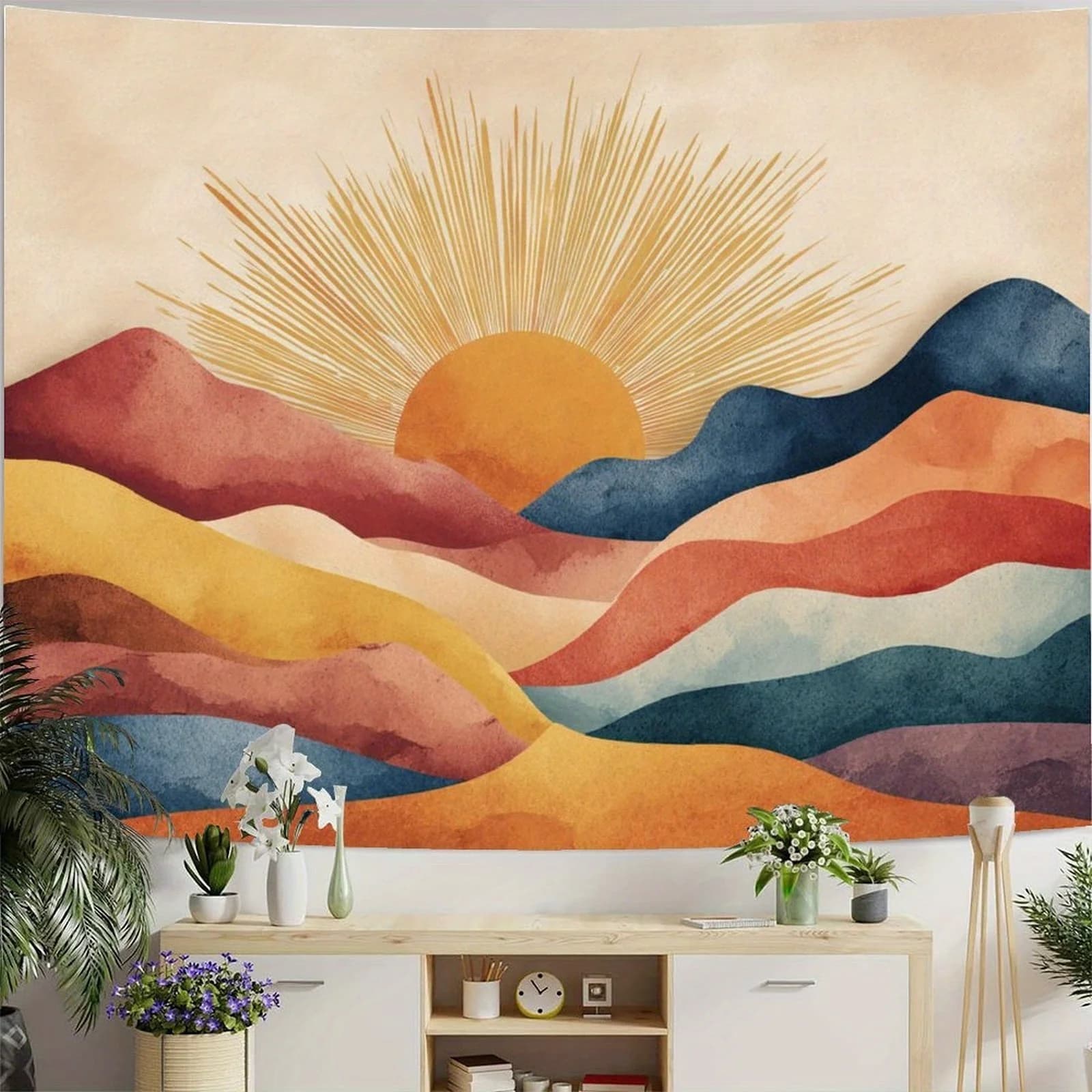 Tapisserie murale Boho Sunset Mountain, décoration artistique abstraite pour salon, chambre à couche