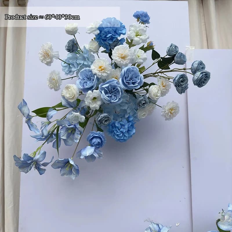 Chemin de fleurs bleu et blanc, décor d'arrière-plan de mariage, décoration d'événement de fête, fle