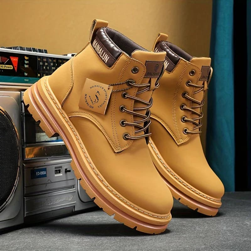 Bottes à lacets robustes, 1 paire de bottes à lacets robustes à tige haute |   Tout-terrain, PU/Tiss