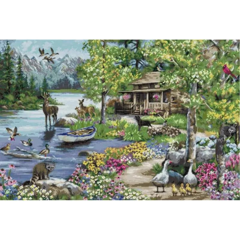 Lakefront Cottage – Kits de points de croix à motif scénique, 14 16 11CT, blanc, toile imprimée HD, 