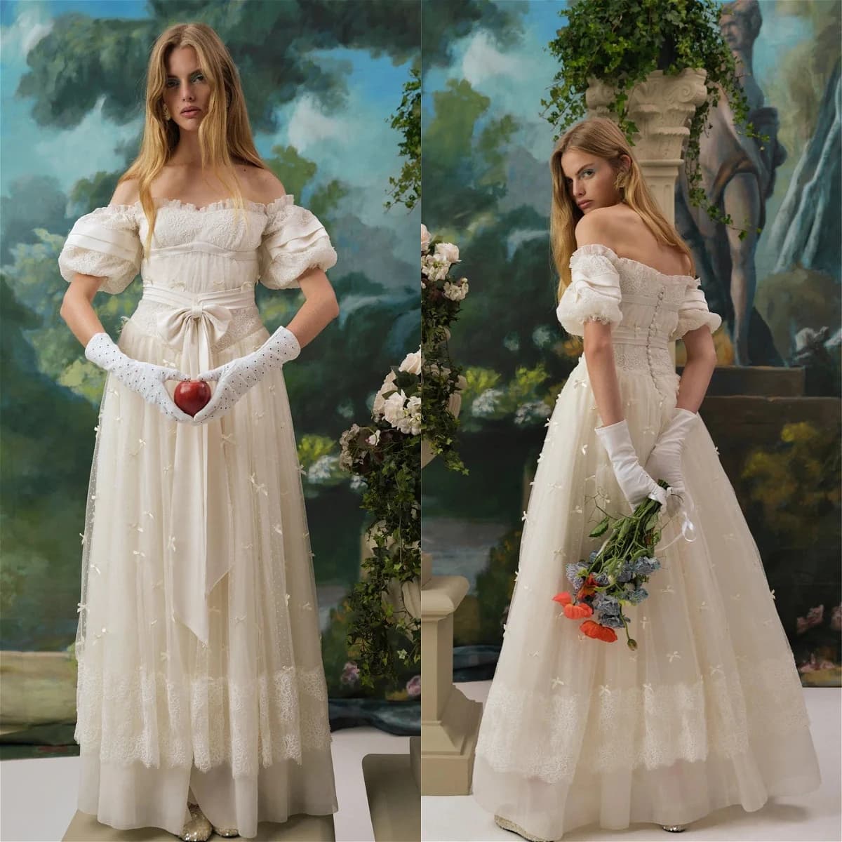 Robe de mariée personnalisée crème à épaules dénudées et manches bouffantes, en dentelle, maille et