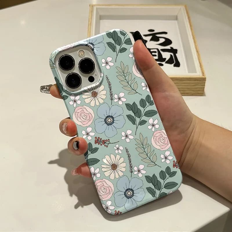 Coque de téléphone à fleurs de fond vert coréen Ins, étui arrière pour IPhone 16 15 14 13 Pro Max 12