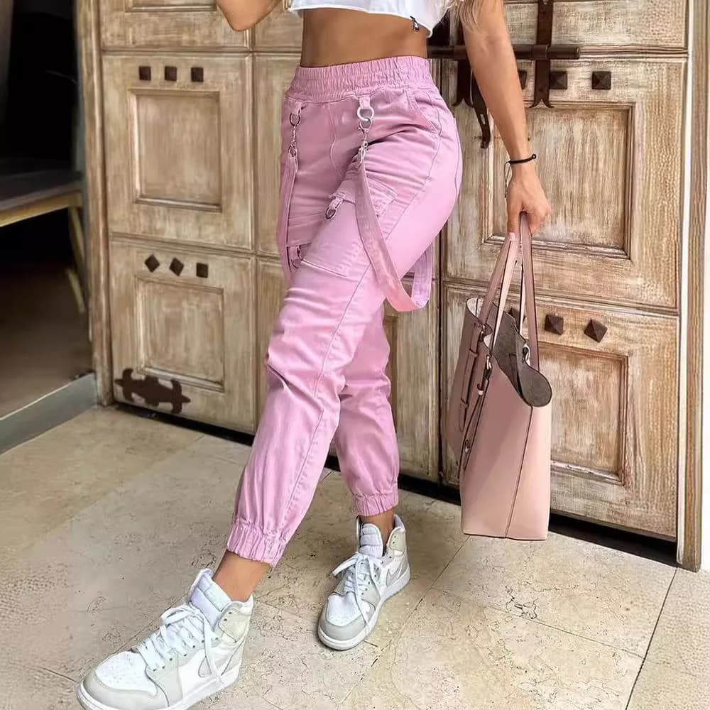 Pantalon Vintage multi-poches pour femmes, bretelles roses, taille haute, décontracté, mode, couleur