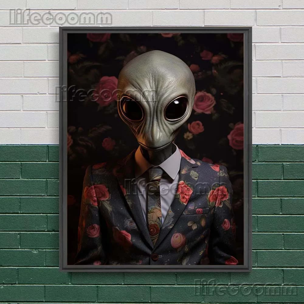 Toile d'art mural Vintage Alien avant fleur, peinture, Portrait d'extraterrestre, fantaisie surréali