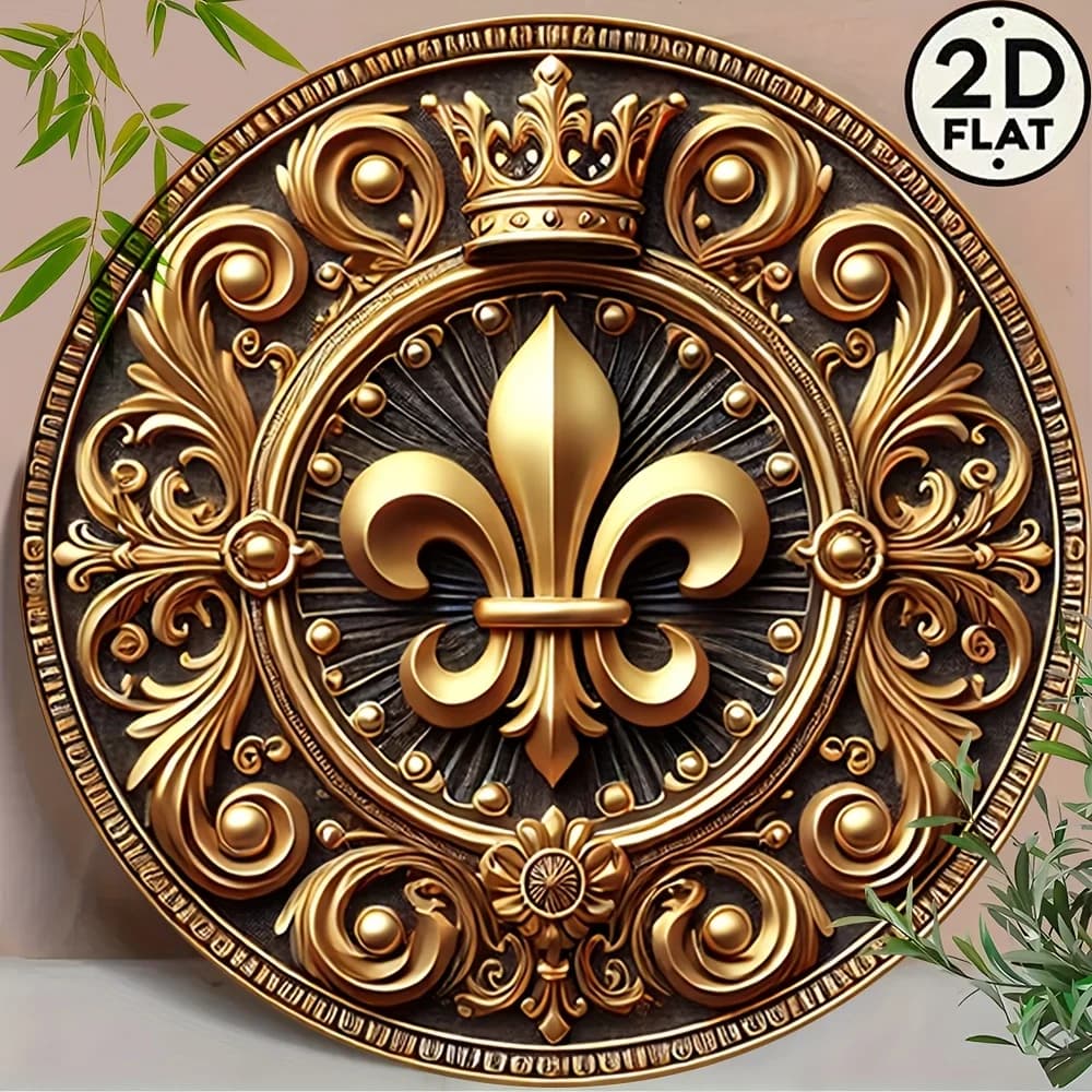 Décoration Murale Luxe Fleur de Lys 3D Couronne Royale Dorée Ornement Baroque Panneau en Bois pour M