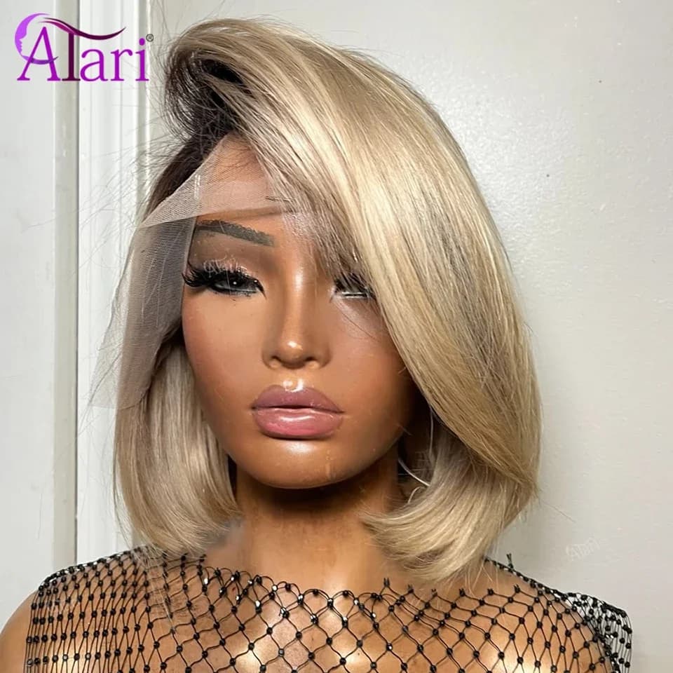 Perruques Bob Courtes en Cheveux Humains Couleur Blond Ombré avec Racines Brunes, Densité 180, Front