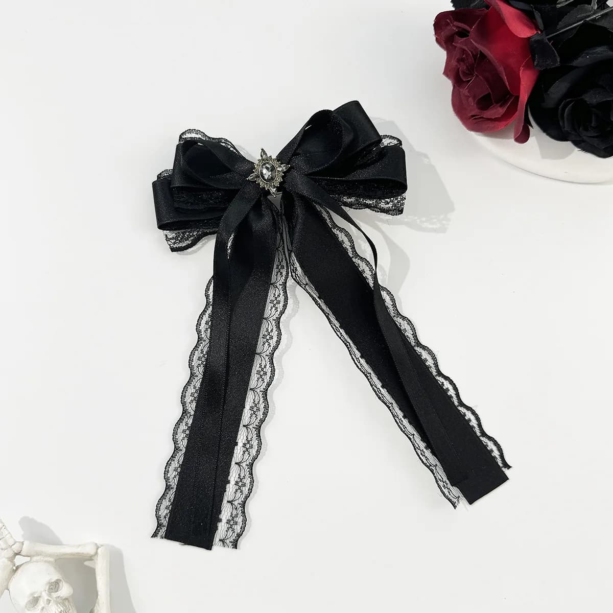 Pinces à cheveux gothiques noires de Style Lolita pour femmes, Barrettes à nœud en ruban Long en den