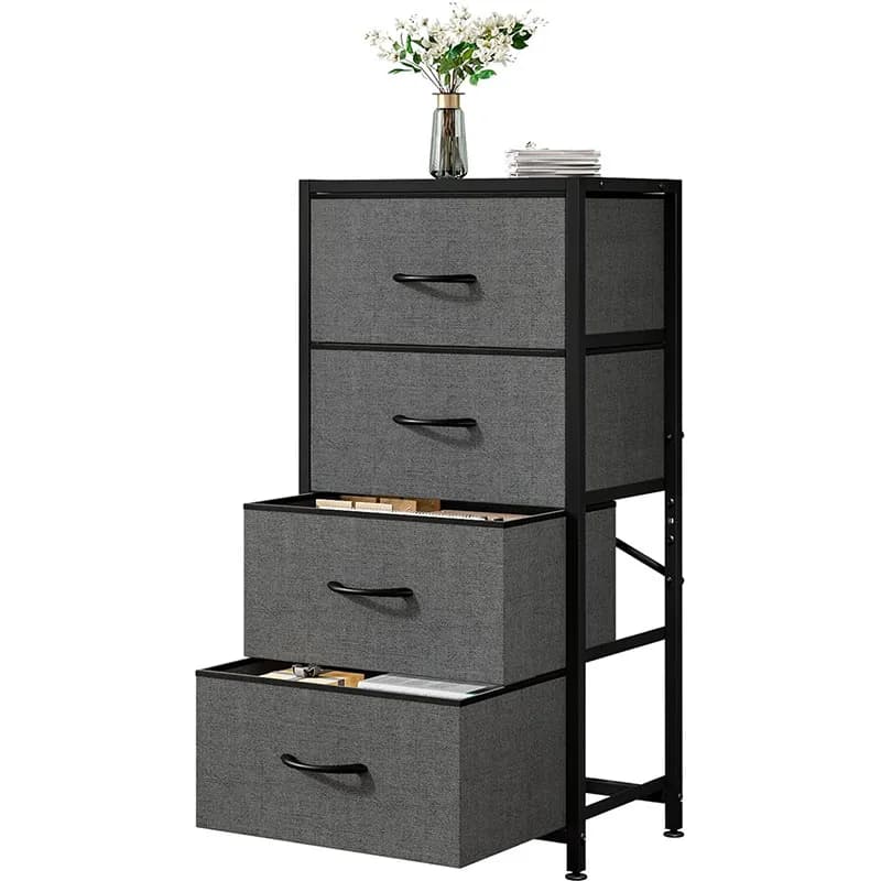 Commode à 4 tiroirs, commode avec plateau en bois et cadre en acier, tiroirs de rangement pour chamb