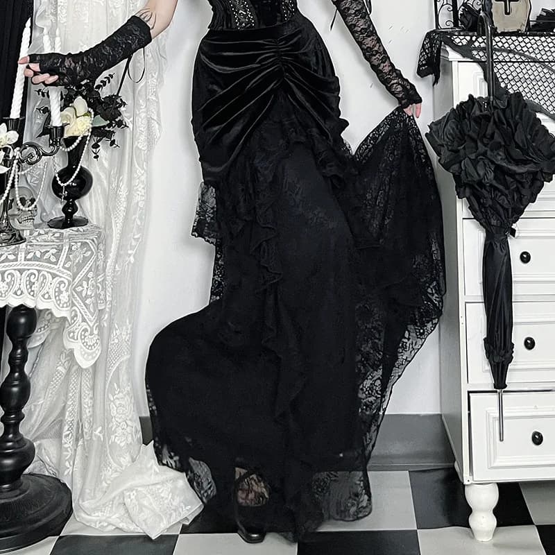 Goth foncé dentelle garniture velours Maxi jupes bas centre commercial Goth fête Halloween robe jupe
