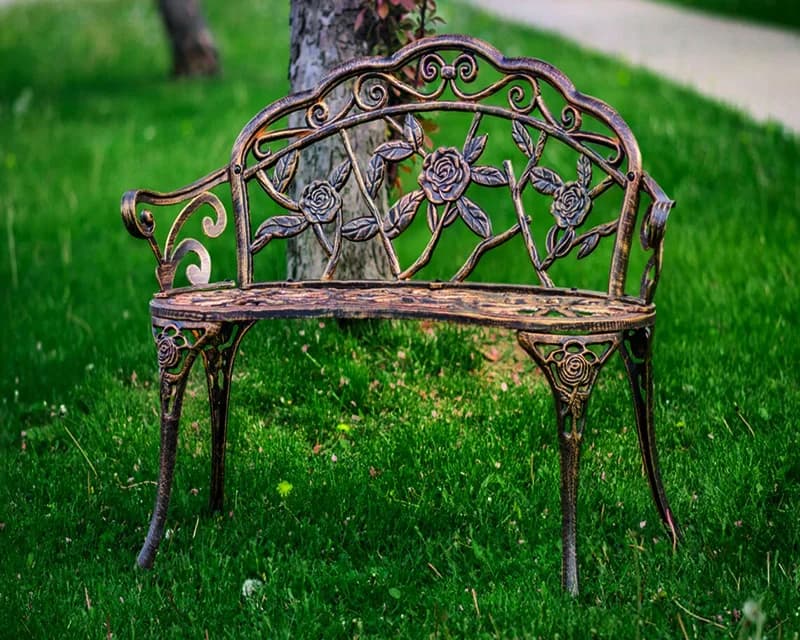 Banc de parc en métal Charis, mobilier d'extérieur, banc de jardin avec Rose, offre spéciale, faible