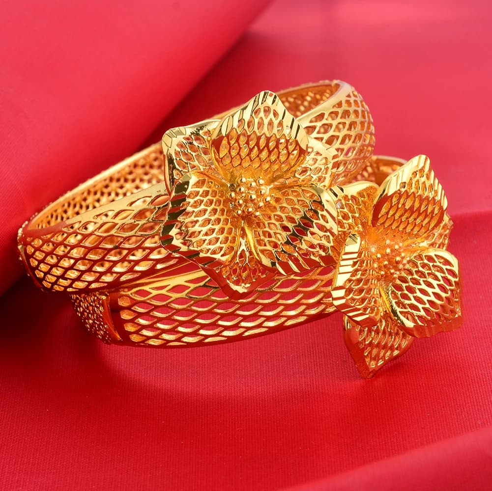 Bracelets à fleurs plaqués or 24 carats pour femmes, boucle ronde, cadeaux d'anniversaire de mariage