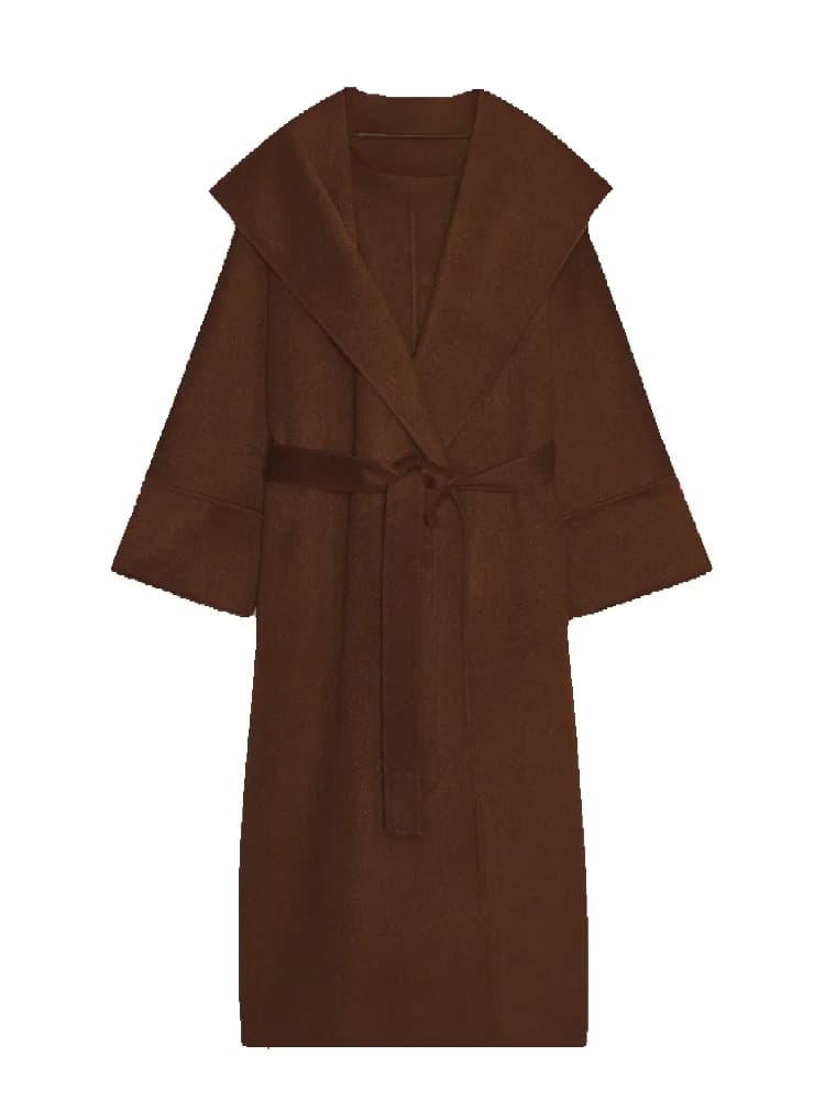 Manteau Long à capuche avec ceinture pour femme, pardessus en laine, manches longues, à lacets, Slim