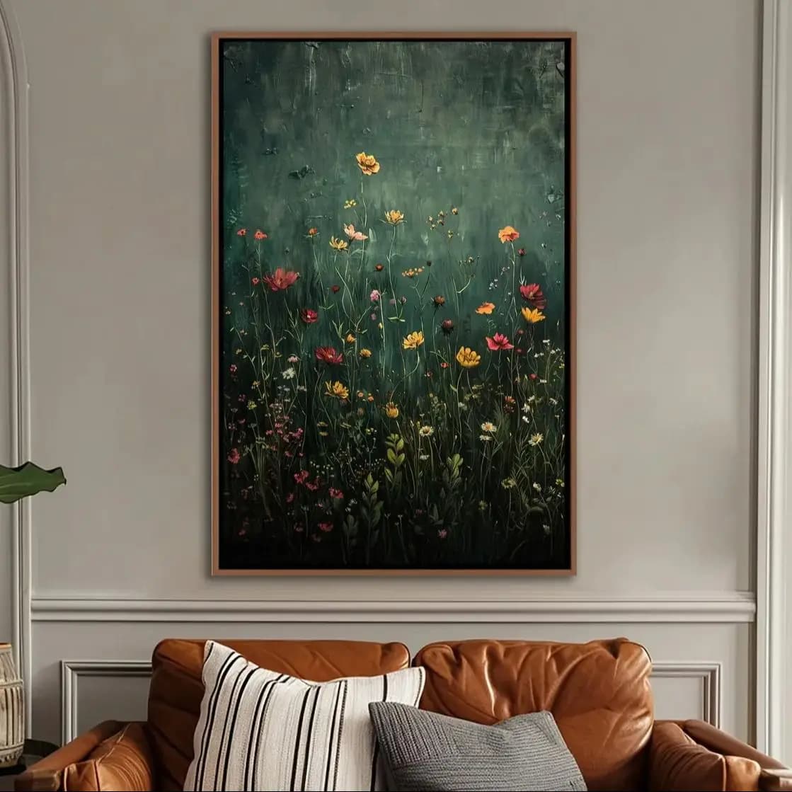 Art mural encadré sur champ de fleurs sauvages, panneau de paysage botanique vintage, décor floral,
