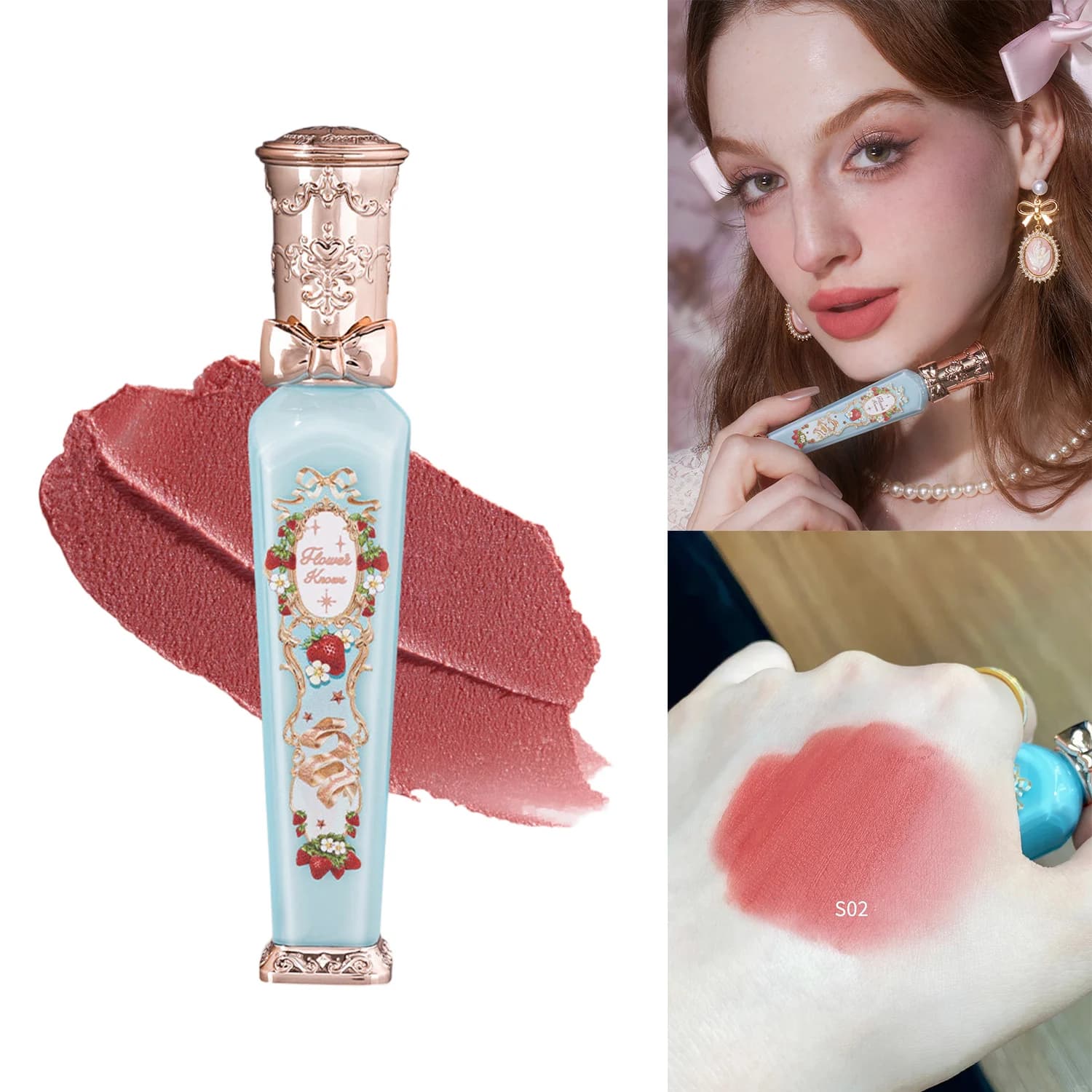 Flower Knows Strawberry Rococo Crème Lèvres Mate Végane Cruelty-Free Velours Nuage Rouge à Lèvres Li