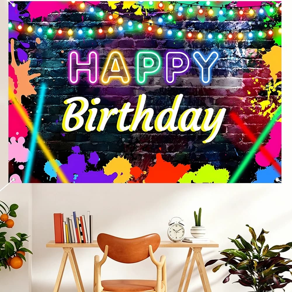 Bannière de fond d'écran Joyeux Anniversaire à imprimé néon, toile en polyester néon colorée pour ph