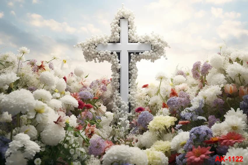 Fond de photographie de croix de Jésus-Christ, ciel bleu, Nina, ifix, fleurs, toile de fond de prièr