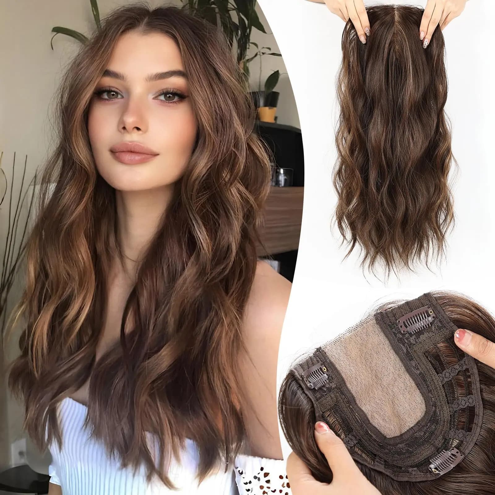 20 pouces naturel brun synthétique cheveux Toppers longs postiches ondulées pour les femmes 6 "× 6" 