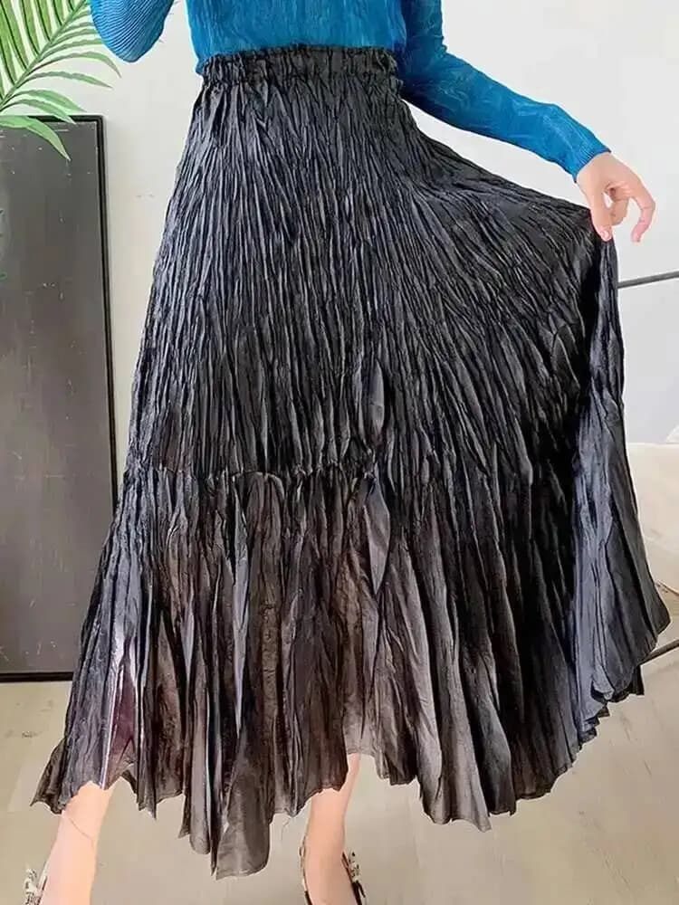 LANMREM grand ourlet plissé mi-longue jupe pour femme taille élastique couleur unie jupes irrégulièr