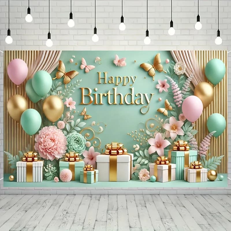 Tableau de fond élégant pour fête d'anniversaire au design floral vert menthe et doré, décoré avec u